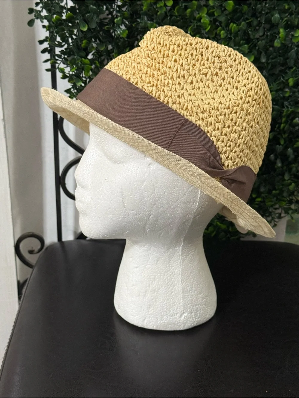 Linen and Straw Cloche Hat with Brown Ribbon